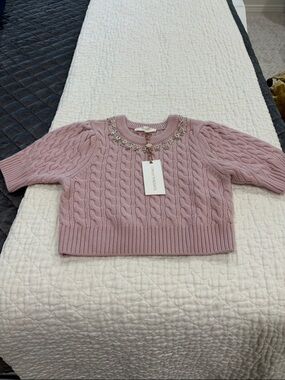 LoveShackFancy Blush Pink Cable-Knit Jewel Crewneck Sweater